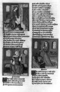 Page form the vellum copy of the Antoine Verard edition of Roman de la Rose (1493) in the Rosenwald Collection, illustrated with 3 hand-colored woodcuts of woman in domestic situations LCCN2002710342