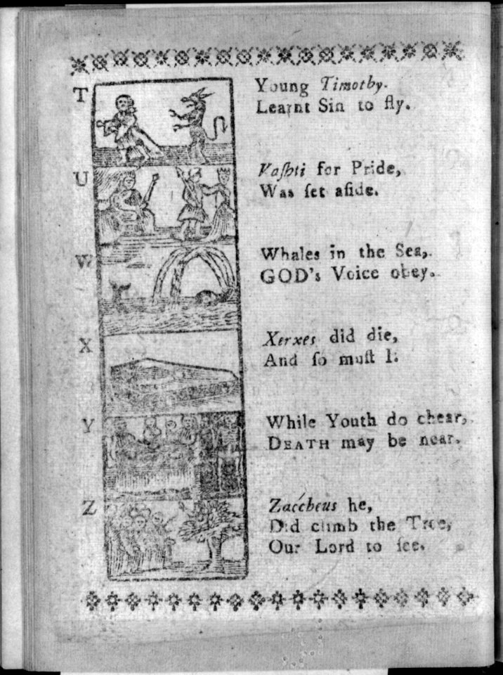 Page from The New England Primer Improved, 1773, letters T through Z, illus. LCCN2006683473