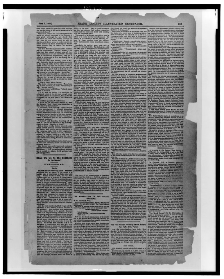 Page of text from Frank Leslie's illustrated newspaper, including articles on the seashore and the Pacific Railway LCCN99471863