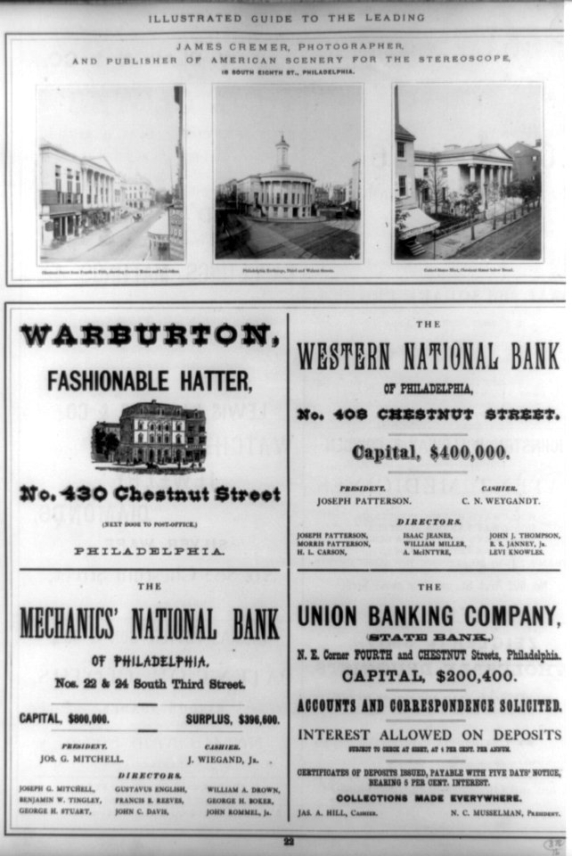 Page of advertisements including three original photoprints of public buildings in Philadelphia- Custom House and Post Office, Philadelphia Exchange, and United States Mint LCCN89711669