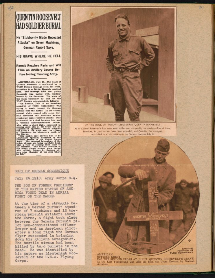 Page from album showing photograph of Quentin Roosevelt, three-quarter length portrait, facing slightly left, smiling, with hands on hips; and an American officer erecting the second cross LCCN2017660705