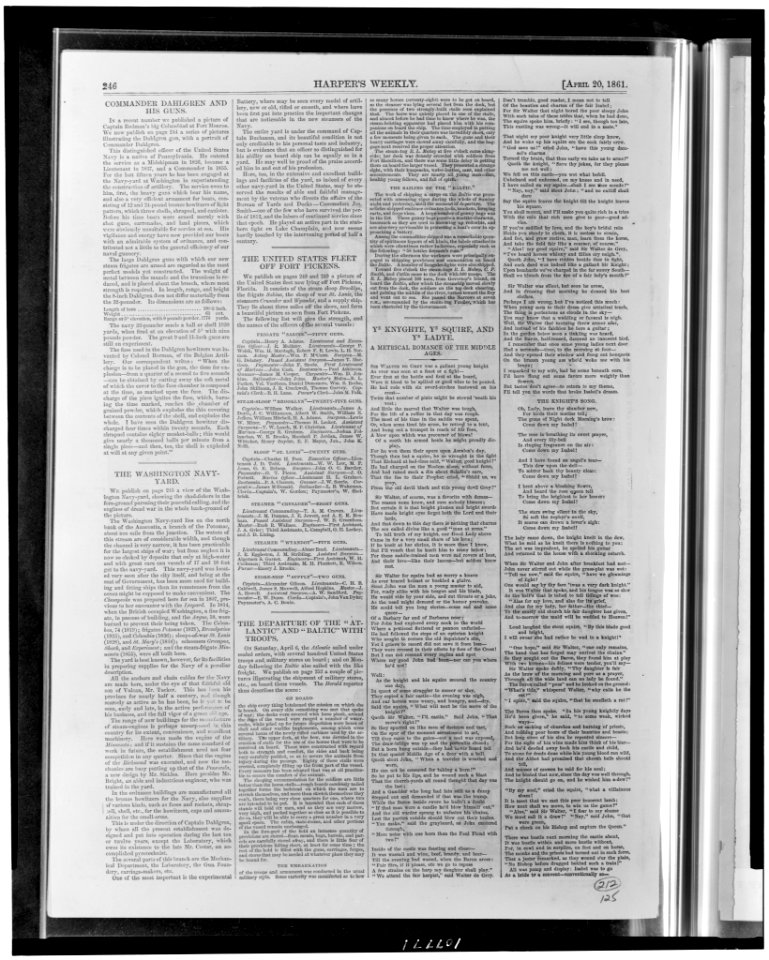 Page of text with articles- Commander Dahlgren and his guns; the Washington Navy-yard; the United States fleet off Fort Pickens; the Departure of the Atlantic and Baltic with troops; and LCCN93511291