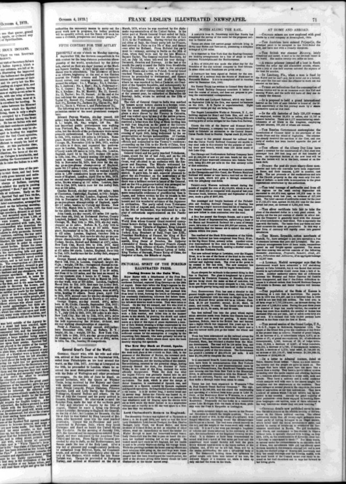 Page of text with no illus. in Frank Leslie's Illustrated Newspaper, 1879 Oct. 4, p. 71, containing articles- Fifth Contest for the Astley Belt; General Grant's Tour of the World; Closing LCCN2002717675