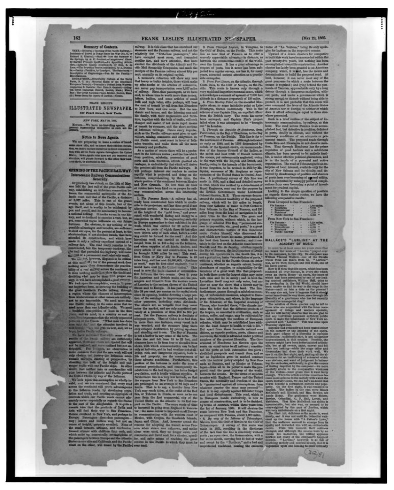 Page of text from Frank Leslie's illustrated newspaper, including articles on the opening of the Pacific Railway LCCN99471864