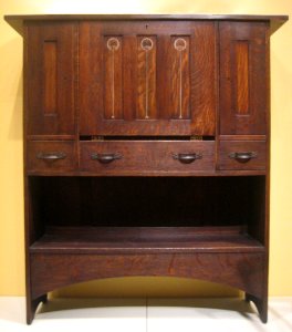 Oak, wood inlay and brass Arts and Crafts desk by Harvey Ellis, c. 1904, Denver Art Museum