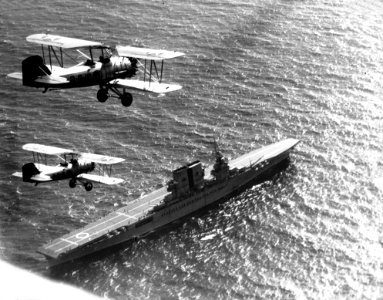 O2U Corsairs of VS-3 flying over USS Saratoga (CV-3) on 3 May 1929 (80-G-462938)