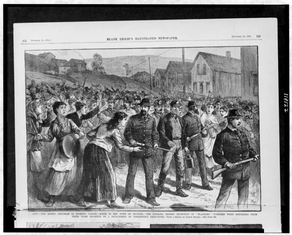 Ohio - the mining troubles in Hocking Valley - scene in the town of Buchtel - the striking miners' reception of Blackleg workmen when returning from their work escorted by a detachment of LCCN97512282