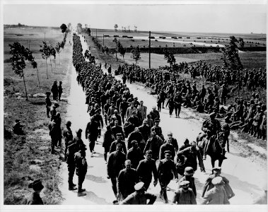 Official photograph taken on the British Western Front in France. German prisoners in batches of 1,000 arriving at a prisoners of war cage LCCN2009632091