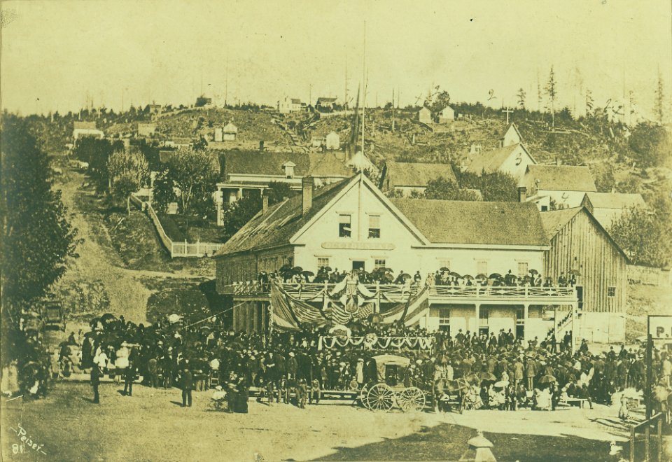 Occidental Square in front of Occidental Hotel during memorial services for President James A Garfield, Seattle, September 27 (PEISER 141)