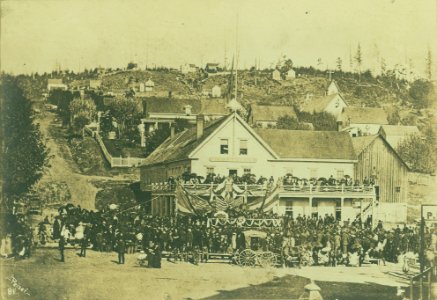Occidental Square in front of Occidental Hotel during memorial services for President James A Garfield, Seattle, September 27 (PEISER 141)