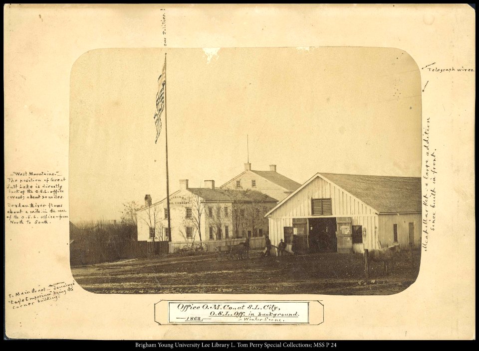 Office O.M. Co., at S.L.City, O.S.L Off. in background. Winter Scene, 1863.