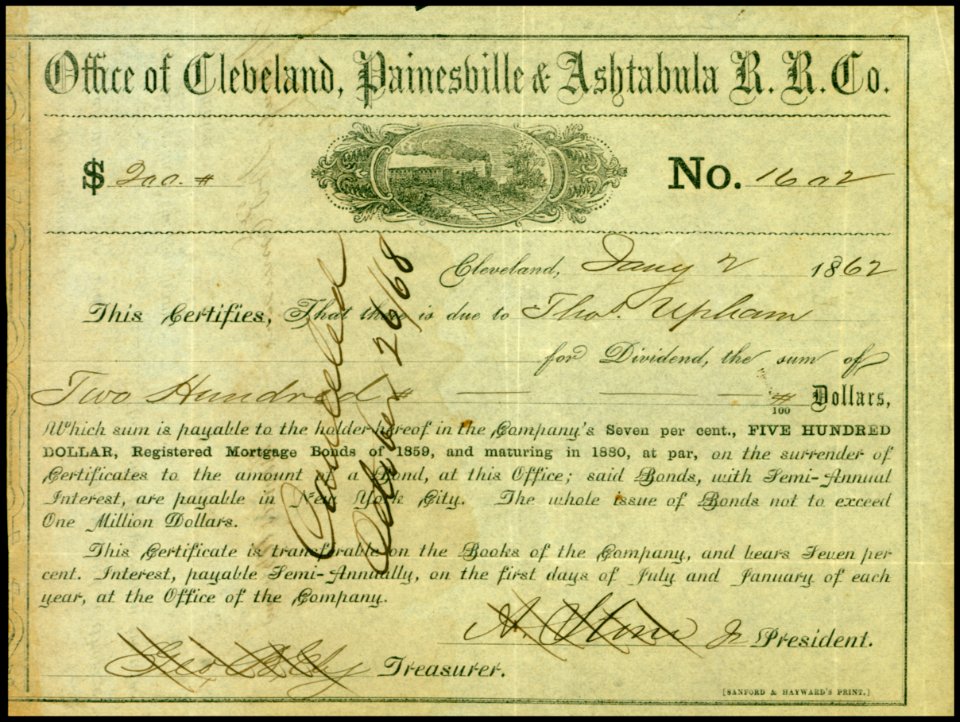 Office of Cleveland, Painesville & Ashtabula RR 1862