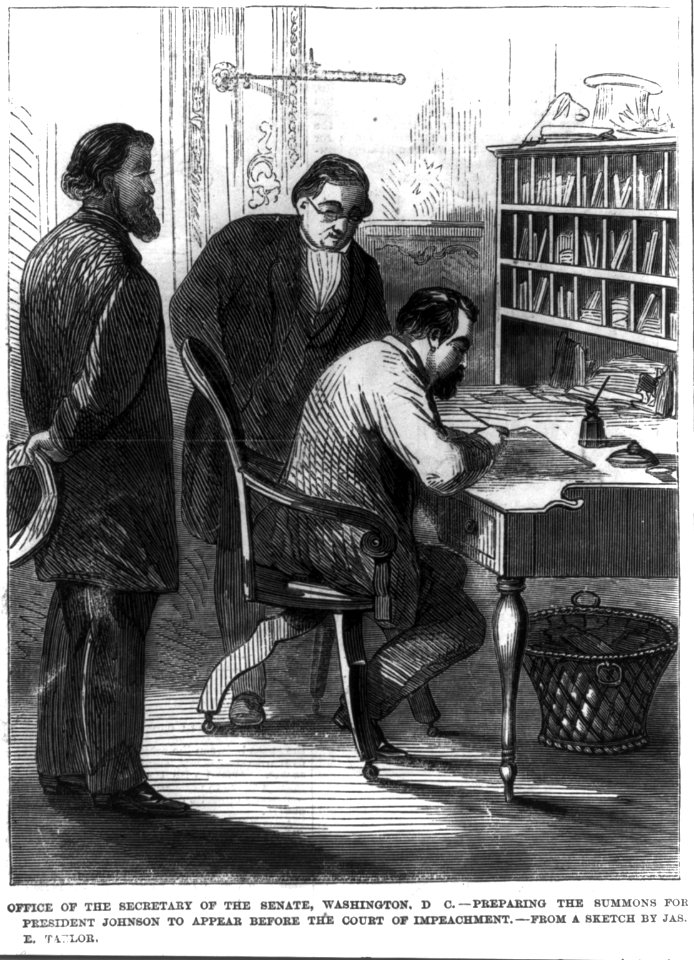 Office of the Secretary of the Senate, Washington, D.C. - preparing the summons for President Johnson to appear before the court of impeachment LCCN2003655357