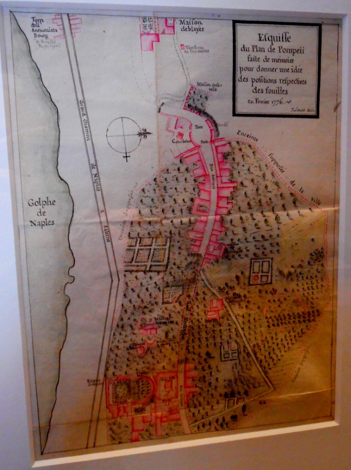 Plan of Pompeii, ink, pencil and watercolours (1776) by François de Paule Latapie - Bibliothèque Municipale of Bordeaux - Exhibition Herculaneum and Pompeii Vision of Discovery at the Archaeological Museum of Naples (30415835017)