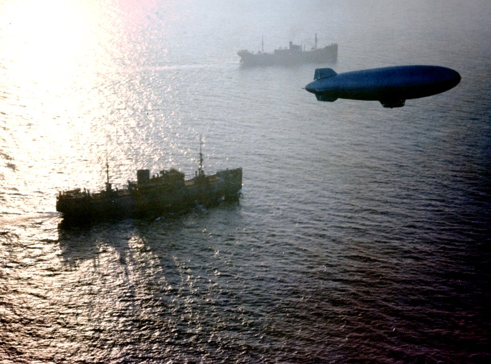 A U.S. Navy K-class blimp on anti-submarine patrol over a convoy, circa 1943-1944 (80-G-K-13894)