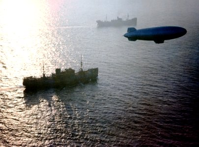 A U.S. Navy K-class blimp on anti-submarine patrol over a convoy, circa 1943-1944 (80-G-K-13894)