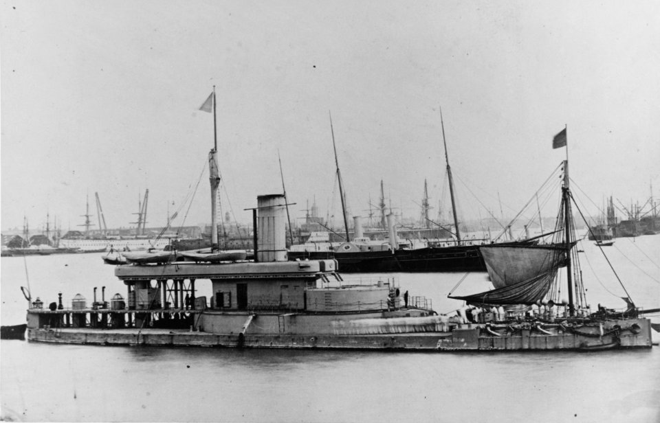 Coastal defense monitor HMS Glatton 1871, HMS Victoria and Albert (Royal Yacht, 1855) Directly behind the Glatton. (51070282193)