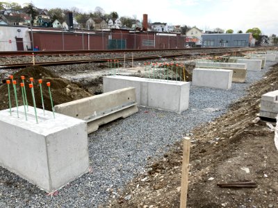 Completed pile caps at Fall River station, April 2021