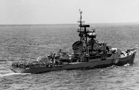 Crewmen enjoy the sunshine in bathing suits aboard a Soviet Riga-class escort during the worldwide Soviet naval exercise Okean. Photographed in the Philippine Sea, April 1970. (51168858345)