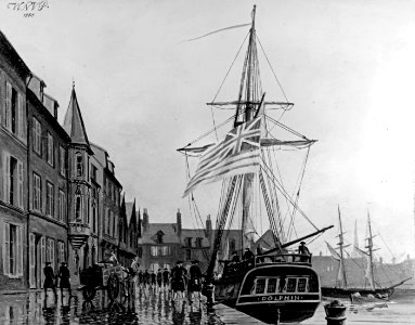 Dolphin a Continental Navy cutter tied up to the quay at Lorient, France, in February 1777. (50904601997)