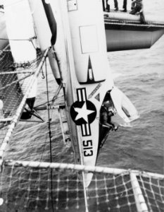 Douglas A-4 Skyhawk Hangs in the catwalk of following a flight deck accident, Note expression on pilot in 1975. (50348899151)