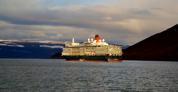 Evening, The Cruise Ship, Queen Elizabeth about to leave Isafordjur, Iceland (48816940901) photo