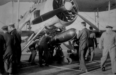 Fairey Swordfish being loaded with a torpedo on the deck of HMS Ark Royal (91) in 1941. (48831444676) photo