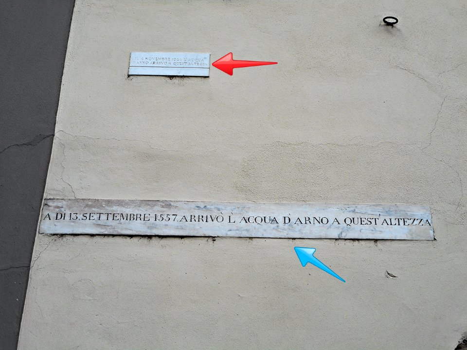 Floods at Piazza Santa Croce in Florence September 13, 1557 (blue arrow) and November 4, 1966 (red arrow) (24657990790)