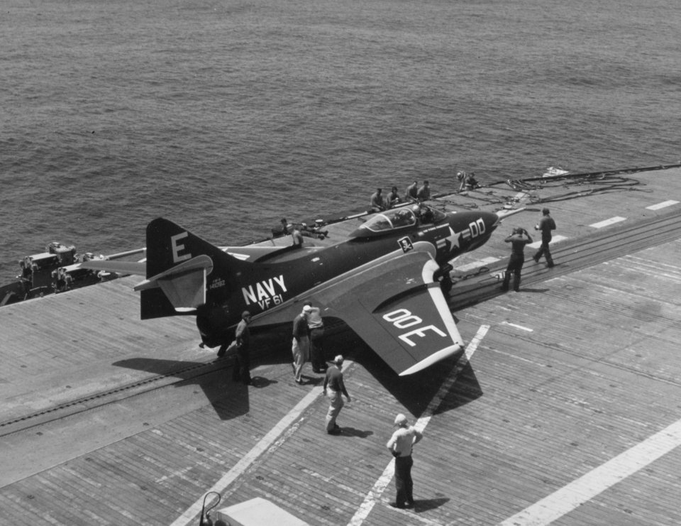 Grumman F9F-8 Cougar (141092) from Fighter Squadron 61 (VF-61) on the port catapult of USS INTREPID (CVA-11) April 20th 1956. (51127204837)