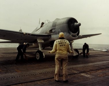Grumman F6F Hellcat fighter in preparation for take off from a training escort carrier, circa mid-1943. (50956283152)