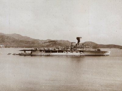 HMS Hermes, on the Huangpu River, Shanghai Dec 1930. (50862431933)