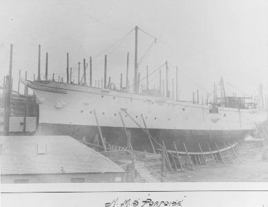 HMS Porpoise on the stocks, ready for launch day, circa 1886. (49698028792)