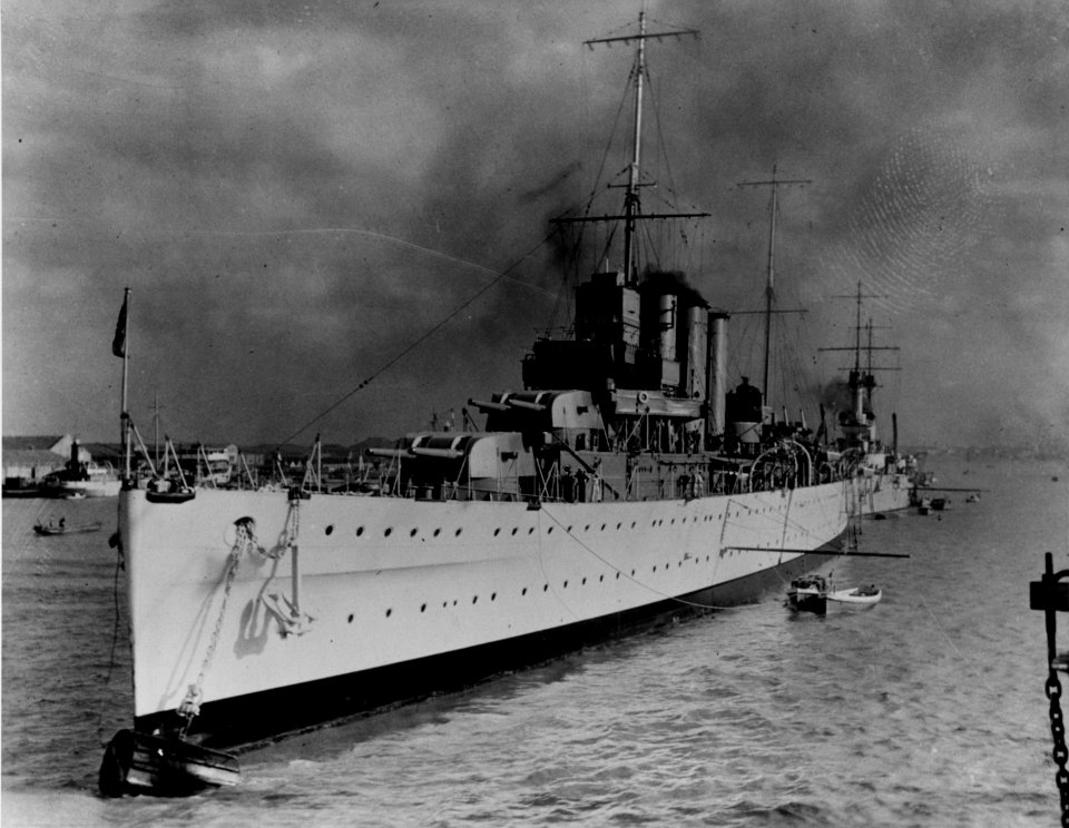 HMS Suffolk anchored in the Whampoa River off Shanghai, China, with the French armoured cruiser Waldeck Rousseau in the background 1930. (49613473203)