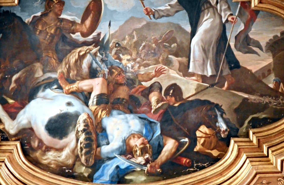 Horses in Art - Saint Agnellus drives away the Saracens from Naples (1701; Vesuvius and Castel Nuovo in background) by Nicola Malinconico (Naples 1663-Naples 1726) - Detail - Ceiling of Donnalbina Church in Naples (21888859964)