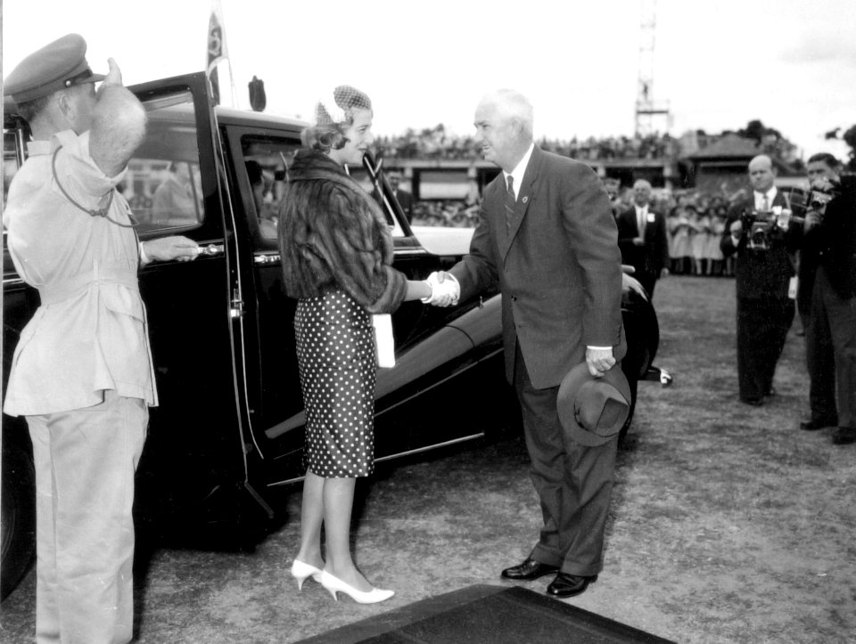 HRH Princess Alexandra and Hon Jack Pizzey at the school children's welcome, Exhibition Grounds, Brisbane, 8 September 1959 (5949005992)