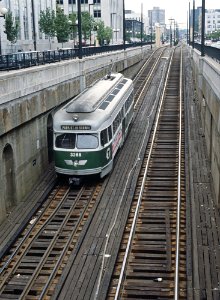Inbound streetcar at Northeastern University portal, June 1983