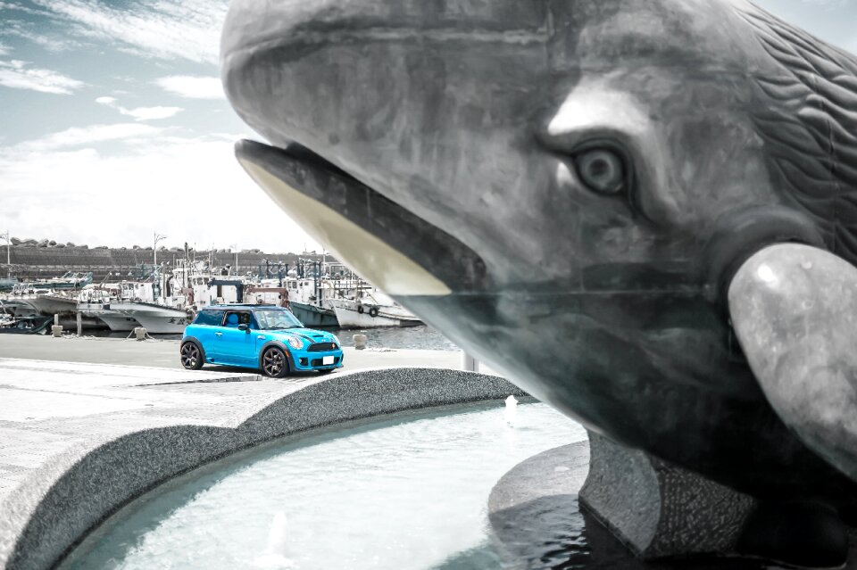 Travel mini cooper whale statue