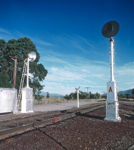 Roger Puta took this in July 1982 in Gazalle CA. A stands for a Absolute signal. Note the crossbucks pole says Southern Pacific vertically and one of the bucks is upside down. (33196784216)