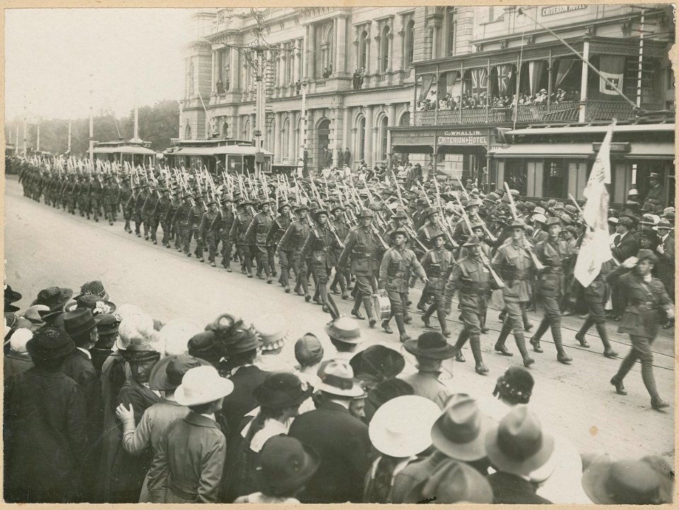 Soldiers marching, King William Street, Adelaide, c1917 (26602609883)