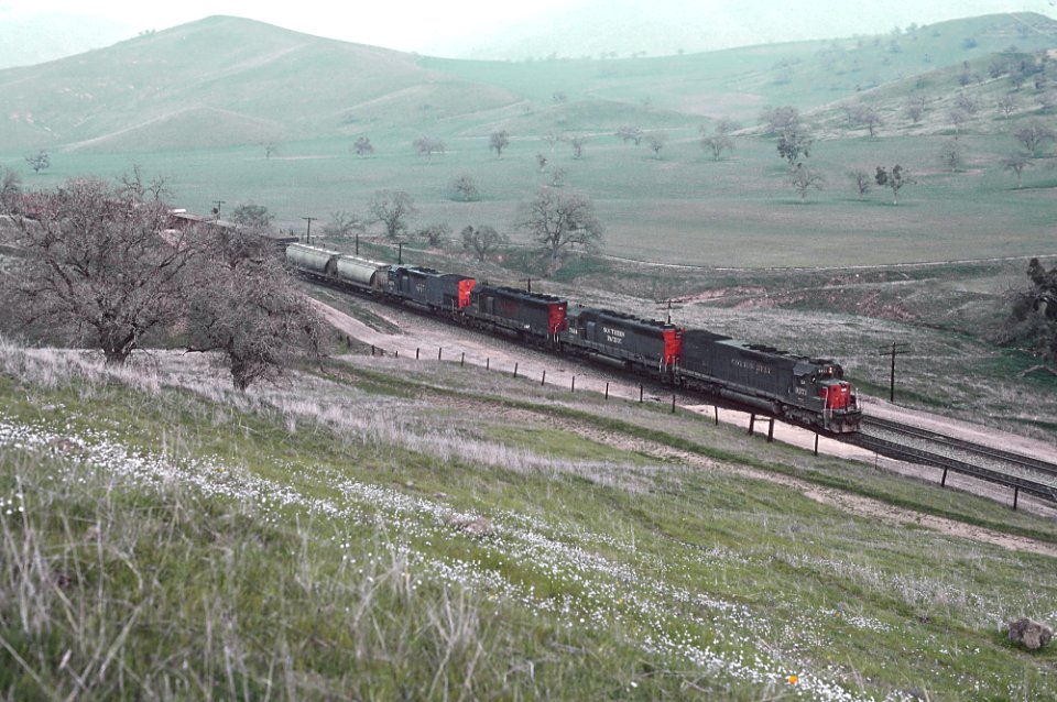 Southern Pacific 9371 in the Tehachapis between Caliente and Bealville, CA in March 1985 (31009585936)