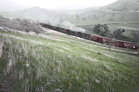 Southern Pacific 8275 in the Tehachapis between Caliente and Bealville, CA in March 1985 (31045320435)