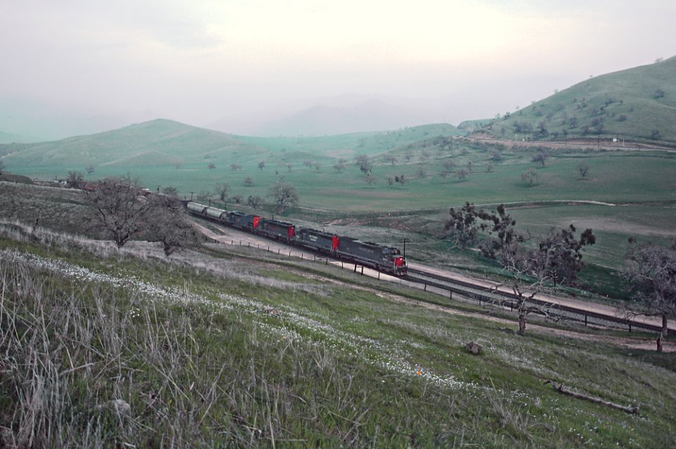 Southern Pacific 9371 in the Tehachapis between Caliente and Bealville, CA in March 1985 (31045323145)