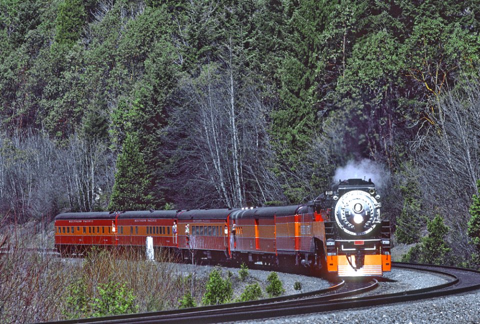 SP 4449 with the Disney Daylight in the Sacramento River Canyon in March 1986 (33170843161)