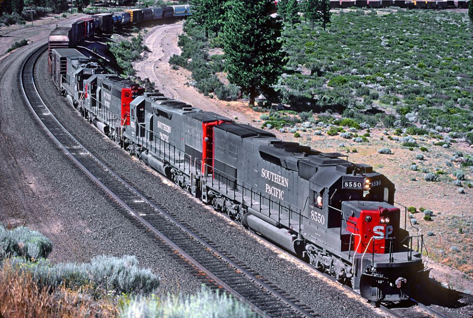 SP 8550, 8291, 7311, and 8313 in the siding at Andesite, CA in August 1982 -- 4 Photos (32508301074)