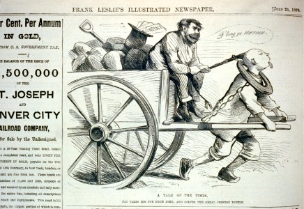A tale of the times - Pat takes his cue from John, and solves the Chinese puzzle (caricature of Irishman seated on heavily loaded wagon, which is being pulled by a Chinese man; the Irishman LCCN2001696534