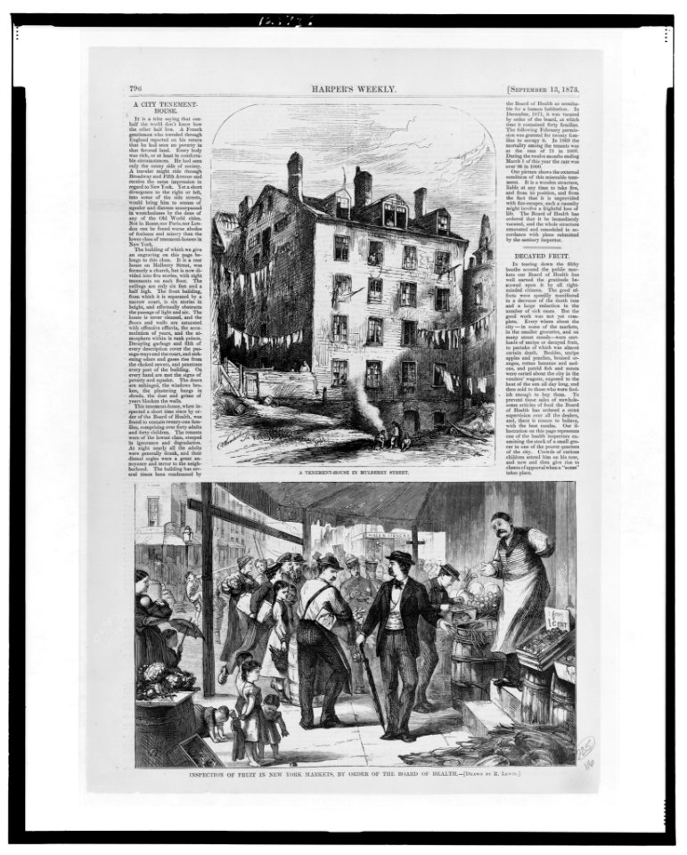 A tenement house in Mulberry Street - C.A. Vanderh(..)f. Inspection of fruit in New York markets, by order of the Board of Health - drawn by R. Lewis. LCCN98513779