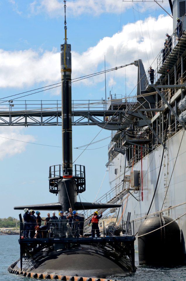 A Tomahawk missile is loaded aboard USS Oklahoma City. (8202183507)