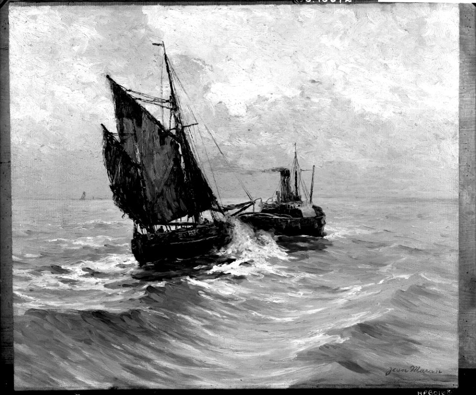 A tug towing a small sailing vessel RMG G10672