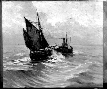 A tug towing a small sailing vessel RMG G10672
