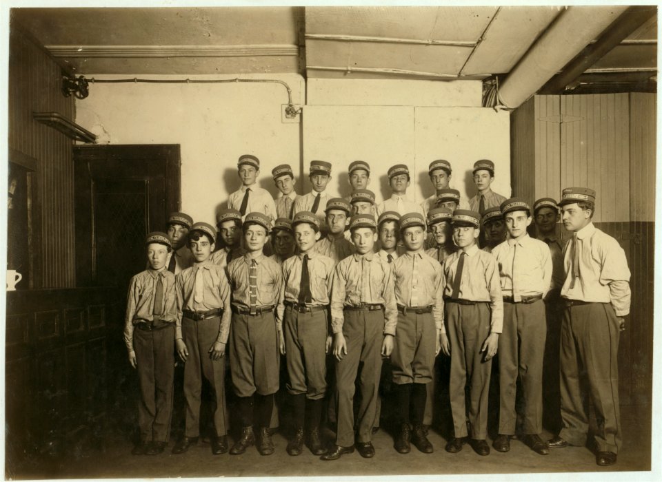 A typical group of messengers at Postal Telegraph Company's main office, 253 B'(road)way. During hot weather they wear these shirt waists. (A Suggestion for the other companies.) LOC nclc.03705